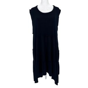 POL Black Sleeveless Ribbed Waffle Knit Raw Edge Babydoll Dress SMT1835